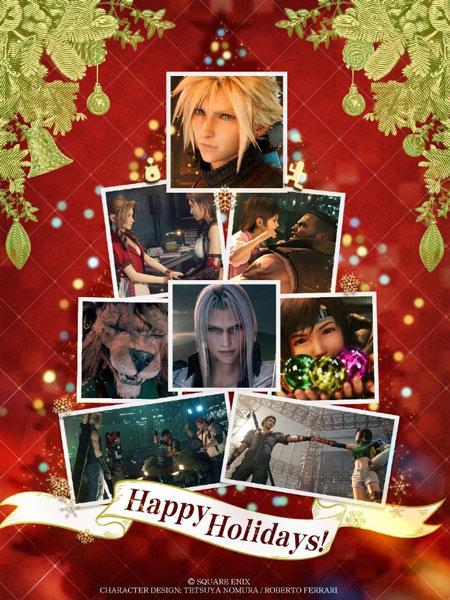 《最终幻想7重制版》官方发布圣诞贺图，将游戏画面摆成了圣诞树的形状