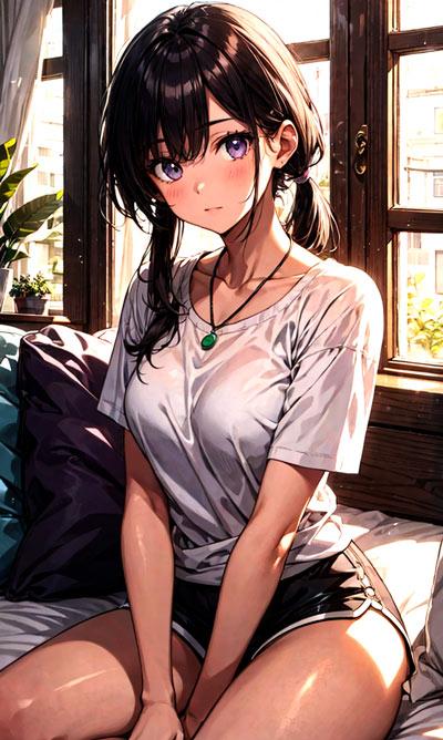 AI创作夏天高颜值清纯动漫美女T恤+热裤高清手机壁纸