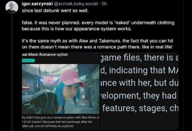 CDPR辟谣《赛博朋克2077》蓝月有恋爱线，但曾讨论过