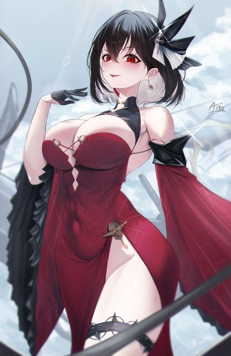 二次元动漫女生开叉旗袍裙子高清图片