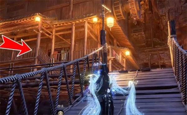 从左侧木桥跳下，沿台阶上行