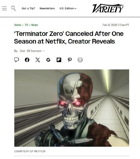 Netflix 动画《终结者0》后续季度开发被取消