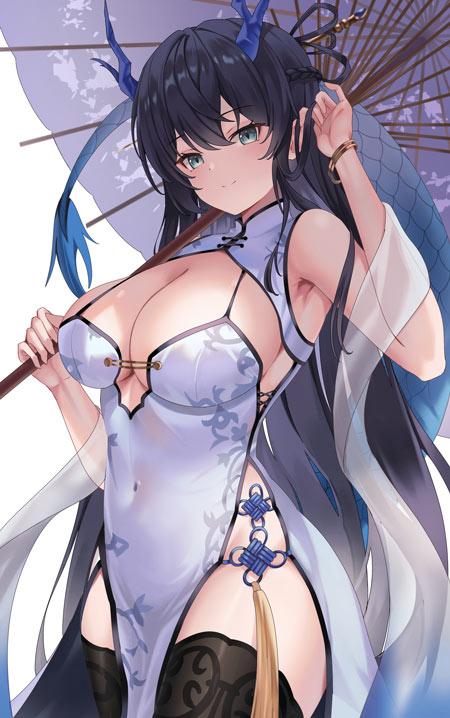 二次元女神穿高开叉真丝薄款旗袍裙诱惑值拉满