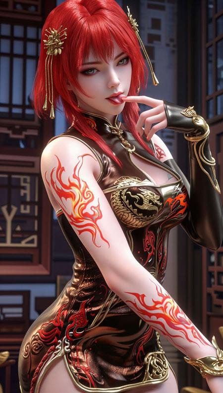 百炼成神蛇蝎美人朱绾手机壁纸，红发黑金旗袍性感妖娆