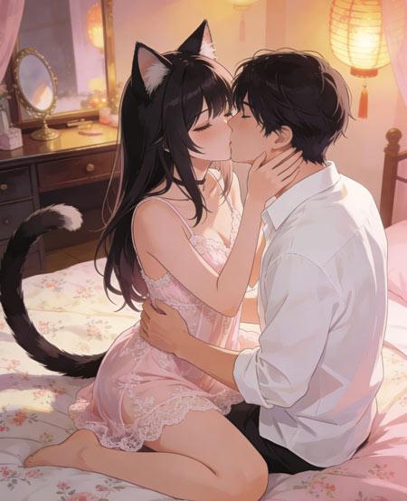 猫娘和他的如意郎君闺房接吻图片-猫娘拔萝卜二次元动漫图片