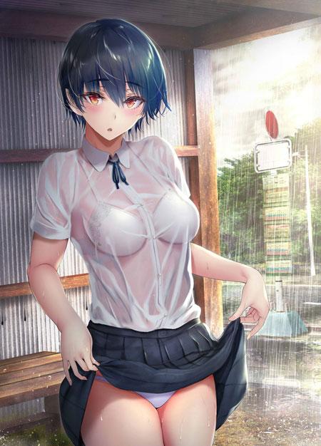 动漫美女淋雨湿身图片5